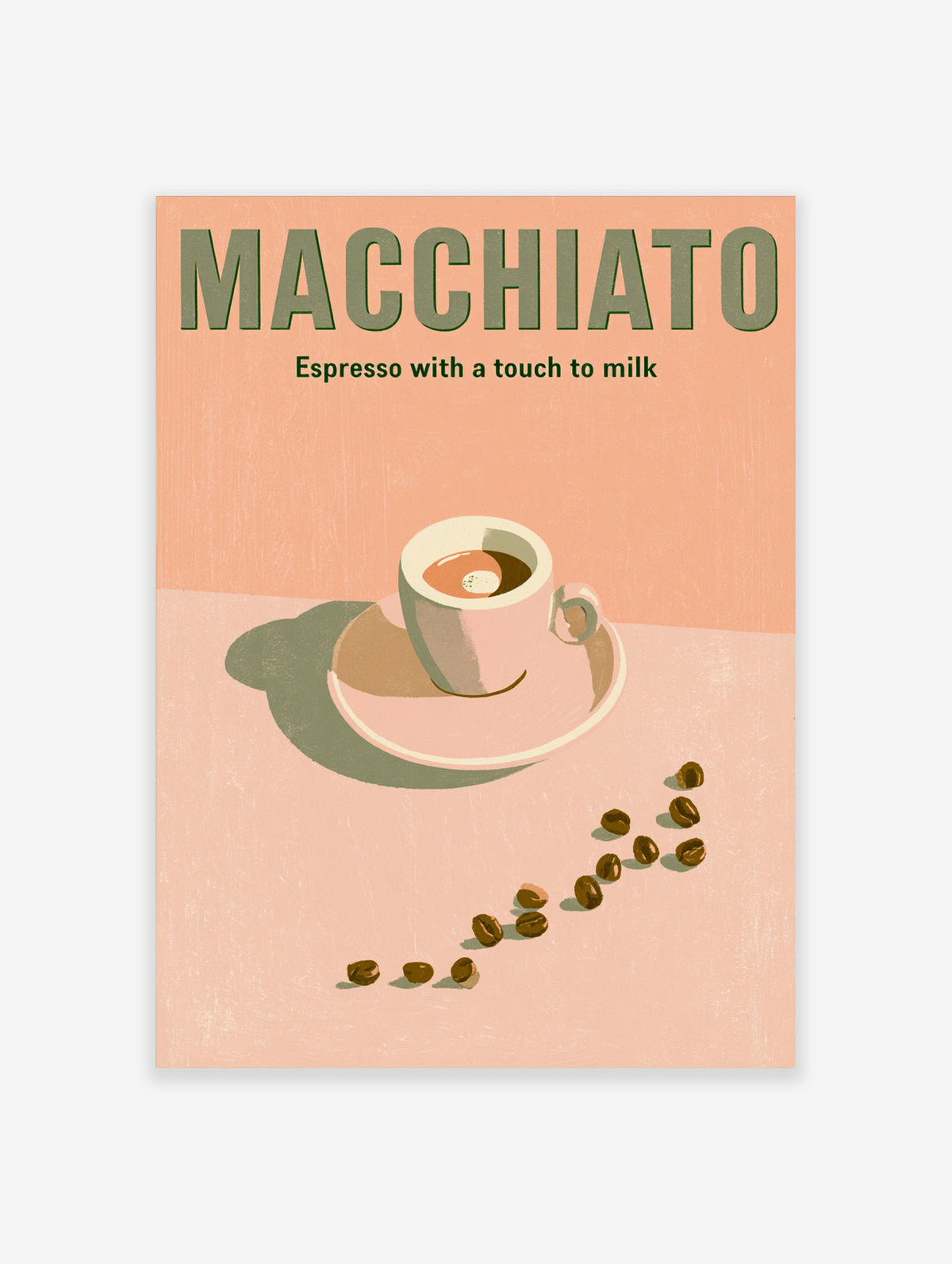 Macchiato coffee poster with green typography, espresso cup and coffee beans on peach background