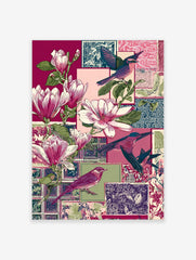Illustrative collage print with pink magnolia flowers, various colourful birds, and patterned blocks in magenta, teal, and