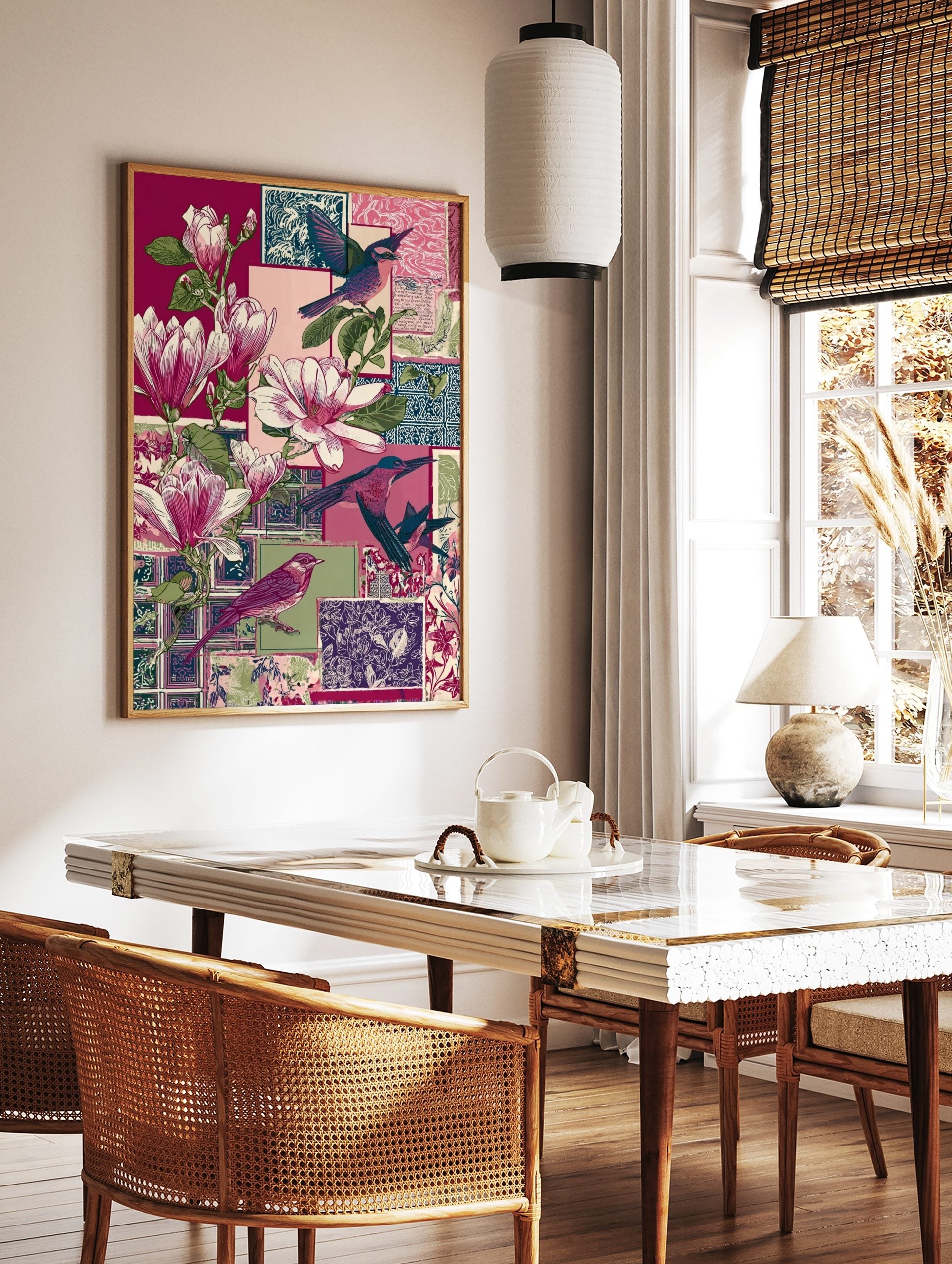 Illustrative collage print with pink magnolia flowers, various colourful birds, and patterned, in a styled room mockup