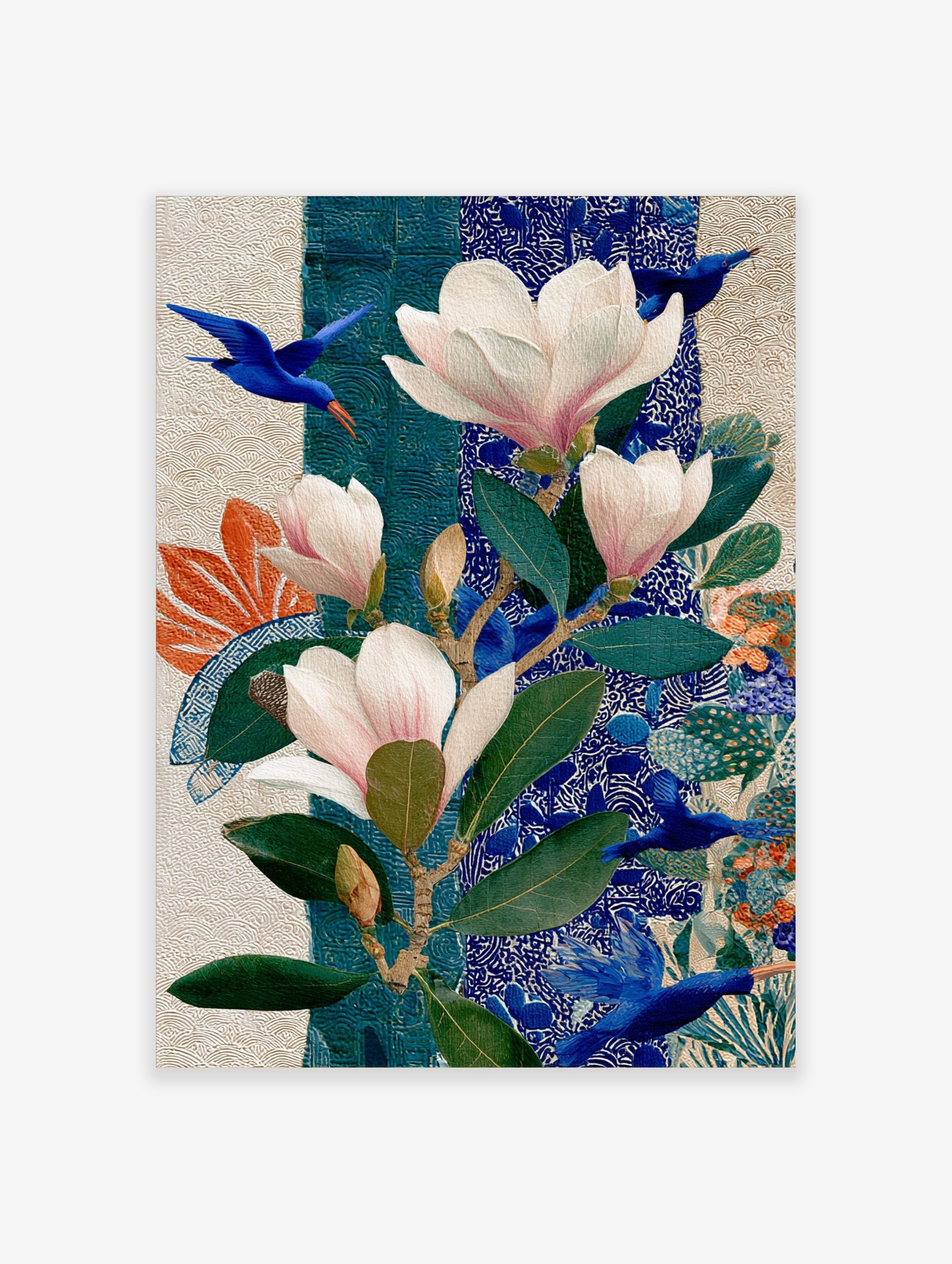 Illustrative botanical art print with pink magnolias, green leaves, and flying blue birds on a patterned blue and white