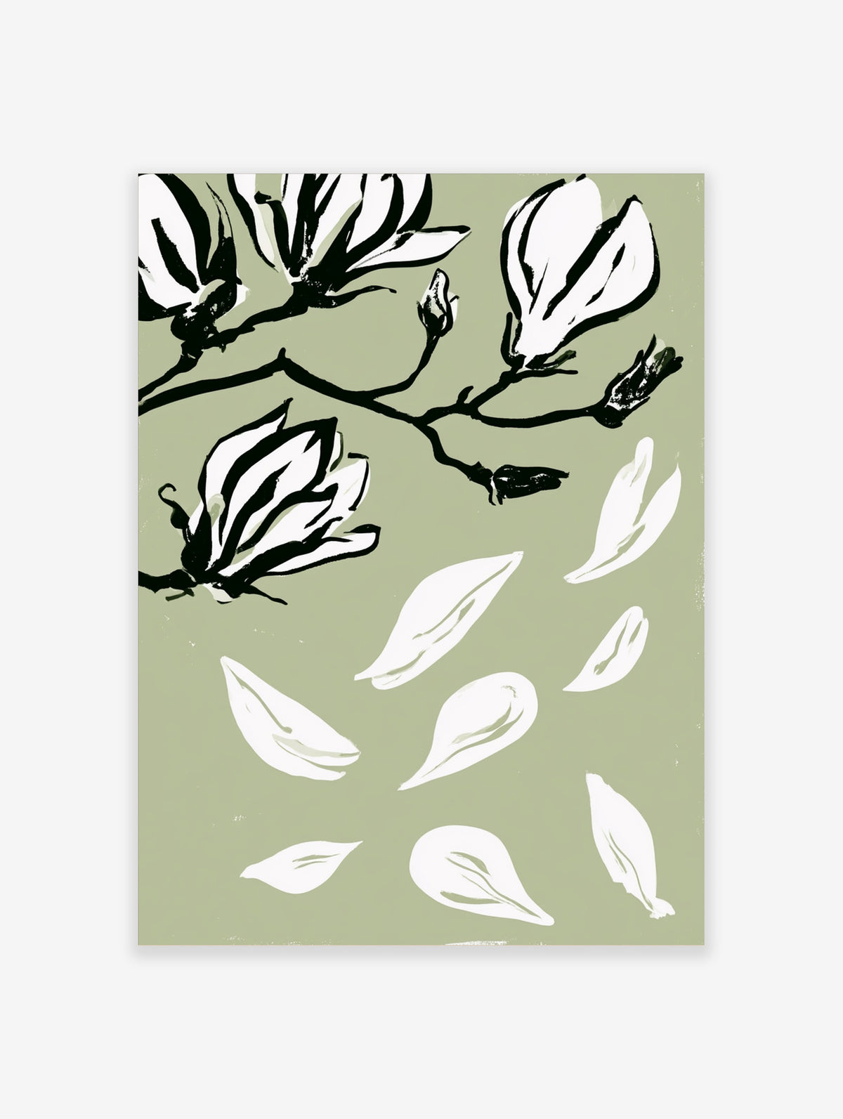 Magnolia flower art print with black and white blooms and petals on sage green background