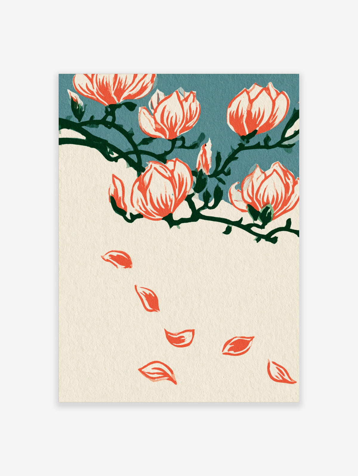 Magnolia flower art print with coral red and cream blooms on dark branches against teal and beige