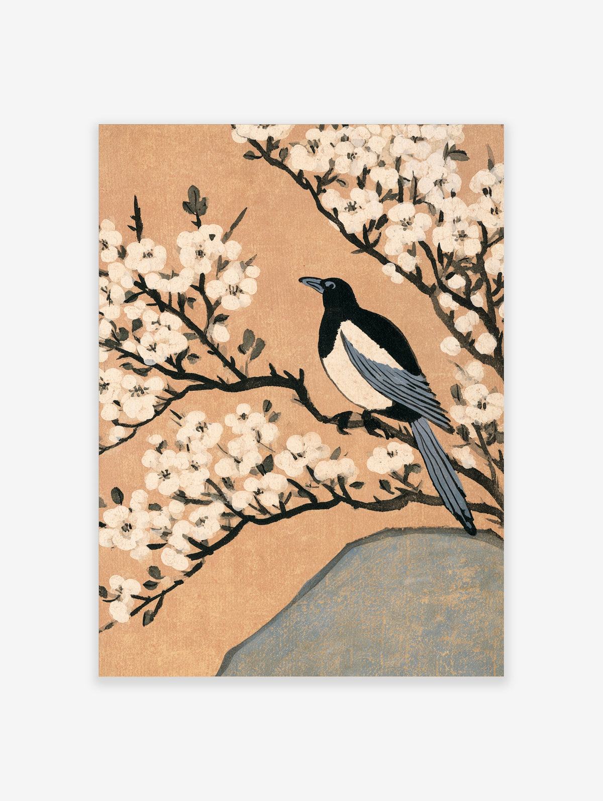 Magpie and white blossom Japanese-style art print on tan background