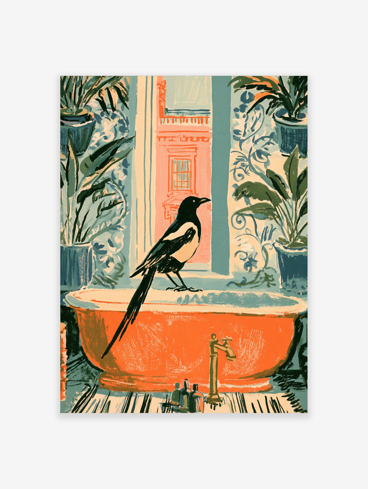 Magpie on orange bathtub with houseplants and coral window, colourful bathroom poster