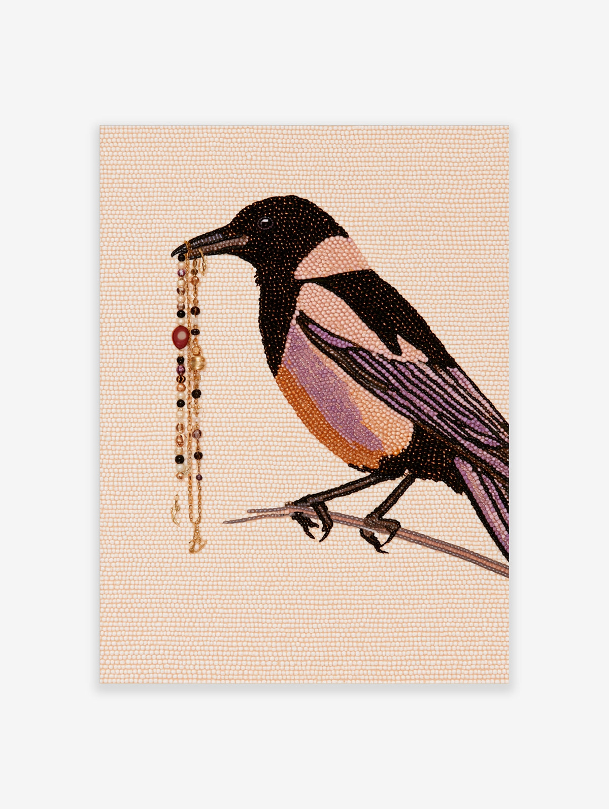 Magpie art print with black and white bird holding a beaded chain on a branch