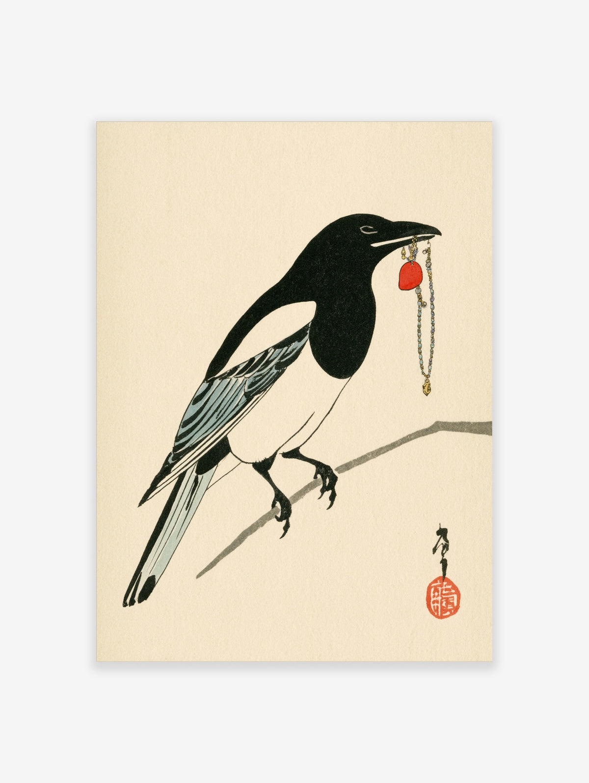 Magpie bird art print holding red pendant and beaded chain on a branch, Japanese style illustration