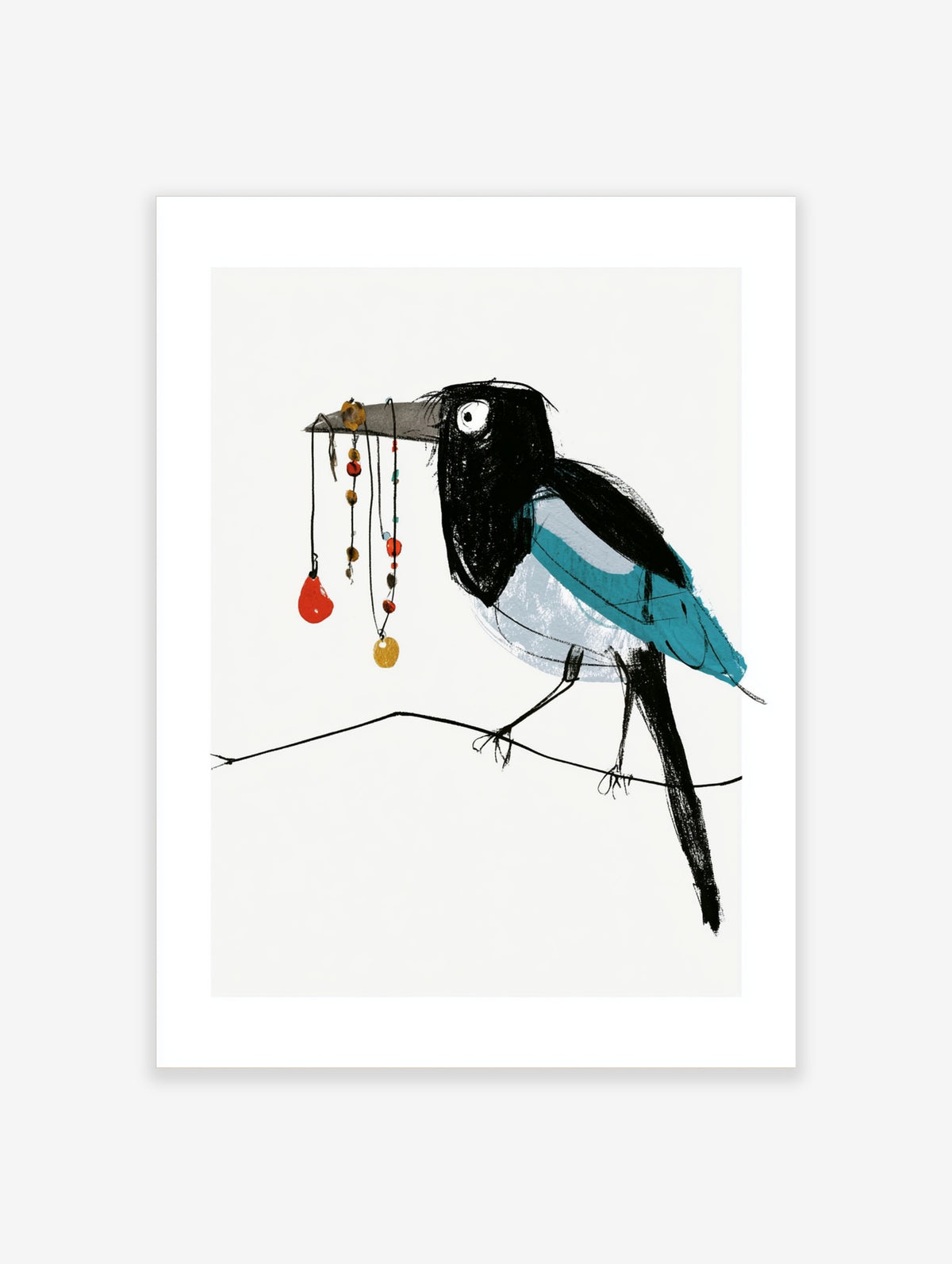 Magpie art print holding beaded jewellery on a wire, black teal and white bird illustration