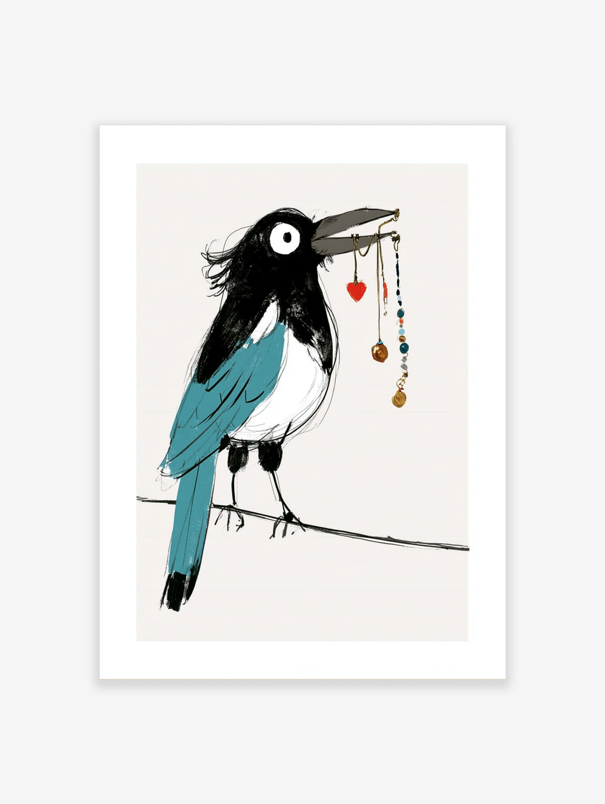 Illustration of a magpie holding a red heart and gold charms in its beak, perched on a branch