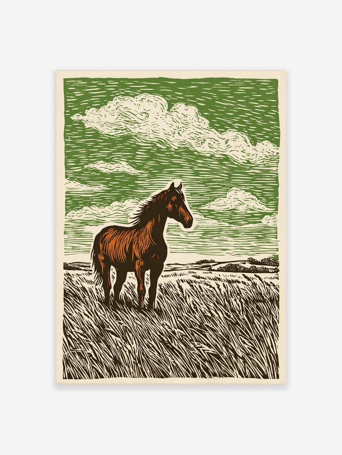 Woodcut style print of a brown horse with a white blaze standing in tall grass under a green cloudy sky