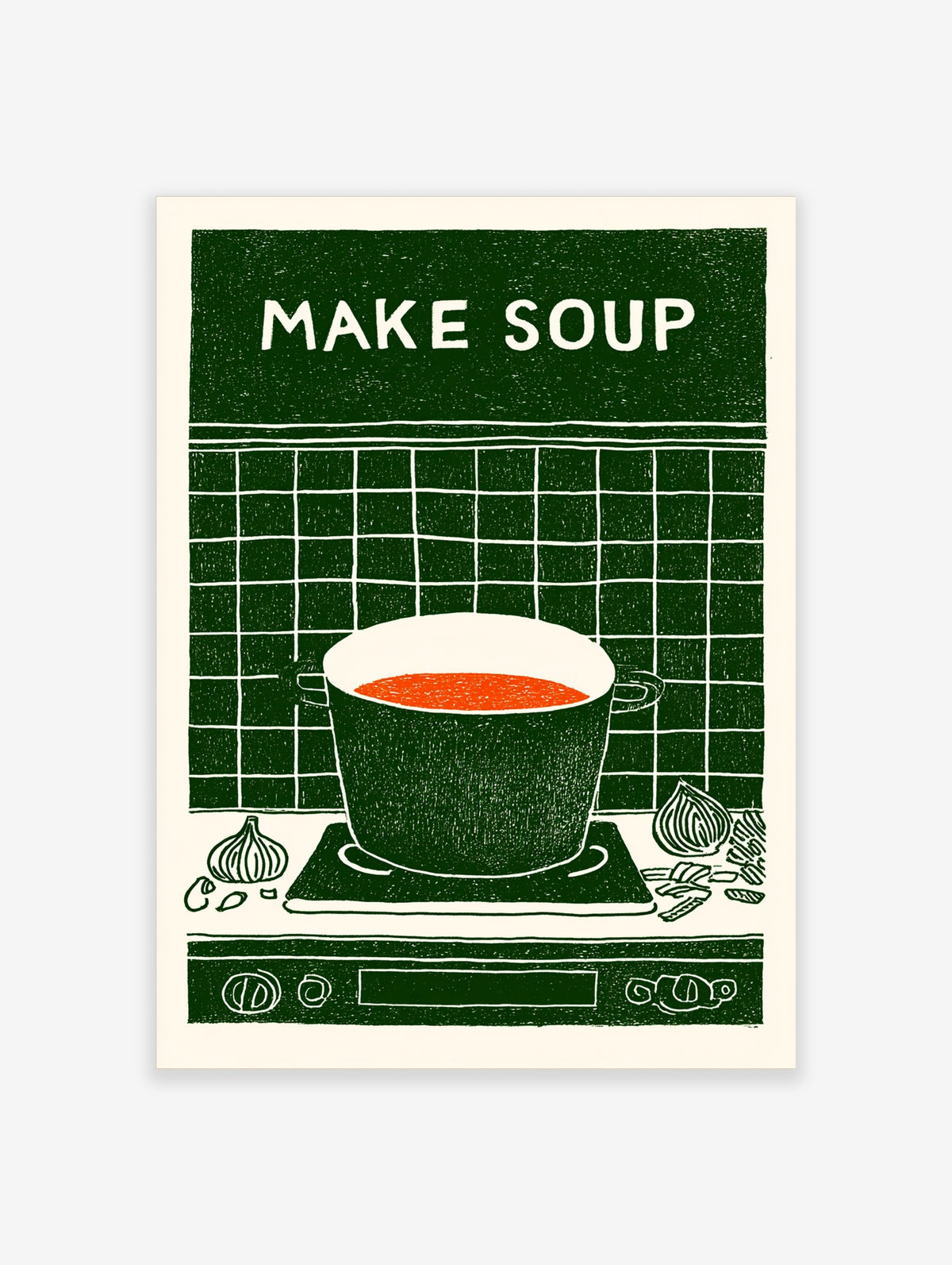 Make Soup kitchen poster with white text, green tiled background and red soup pot illustration