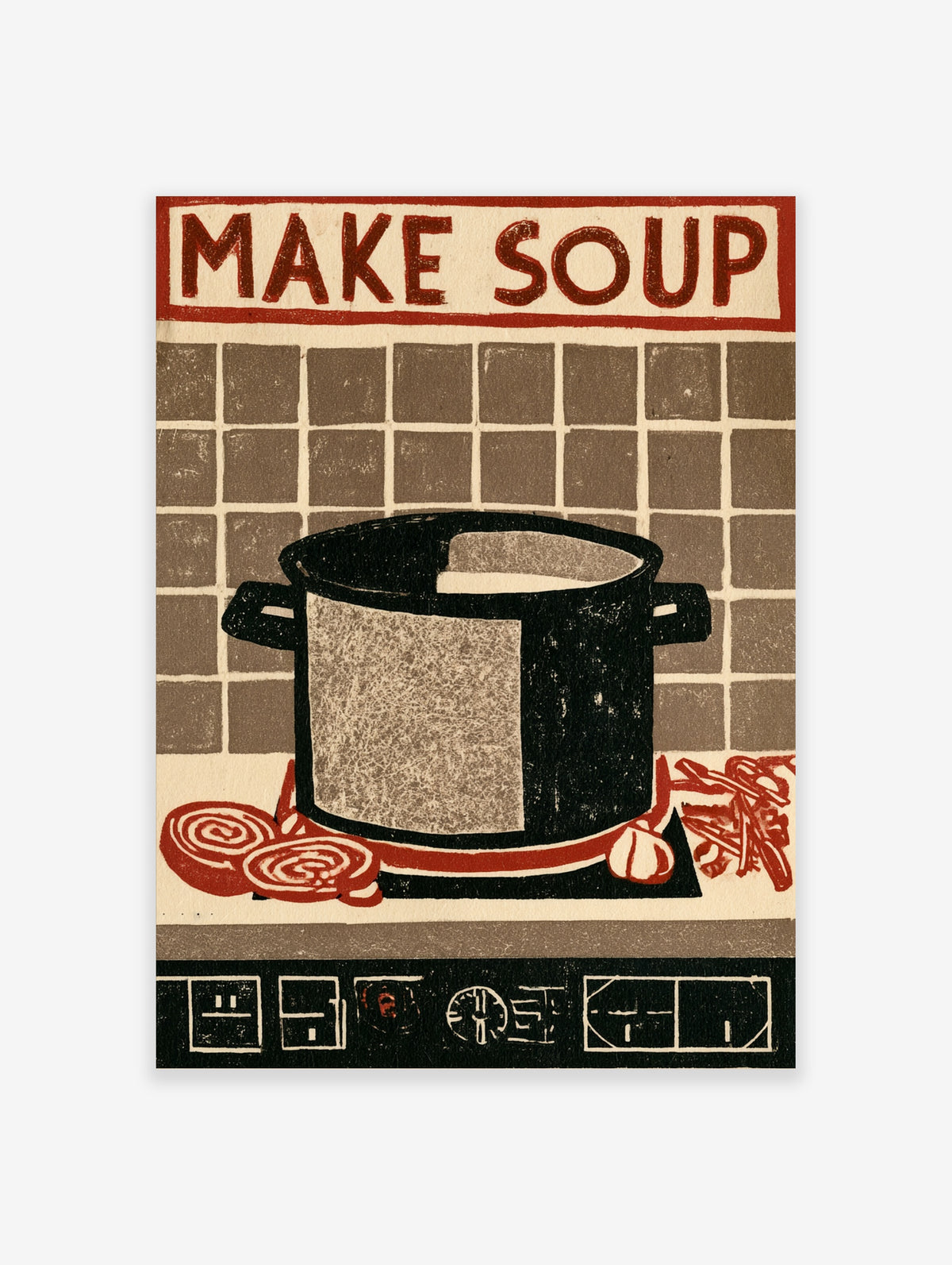 Make Soup kitchen poster with black cooking pot, red onions, garlic, chilli and tiled background