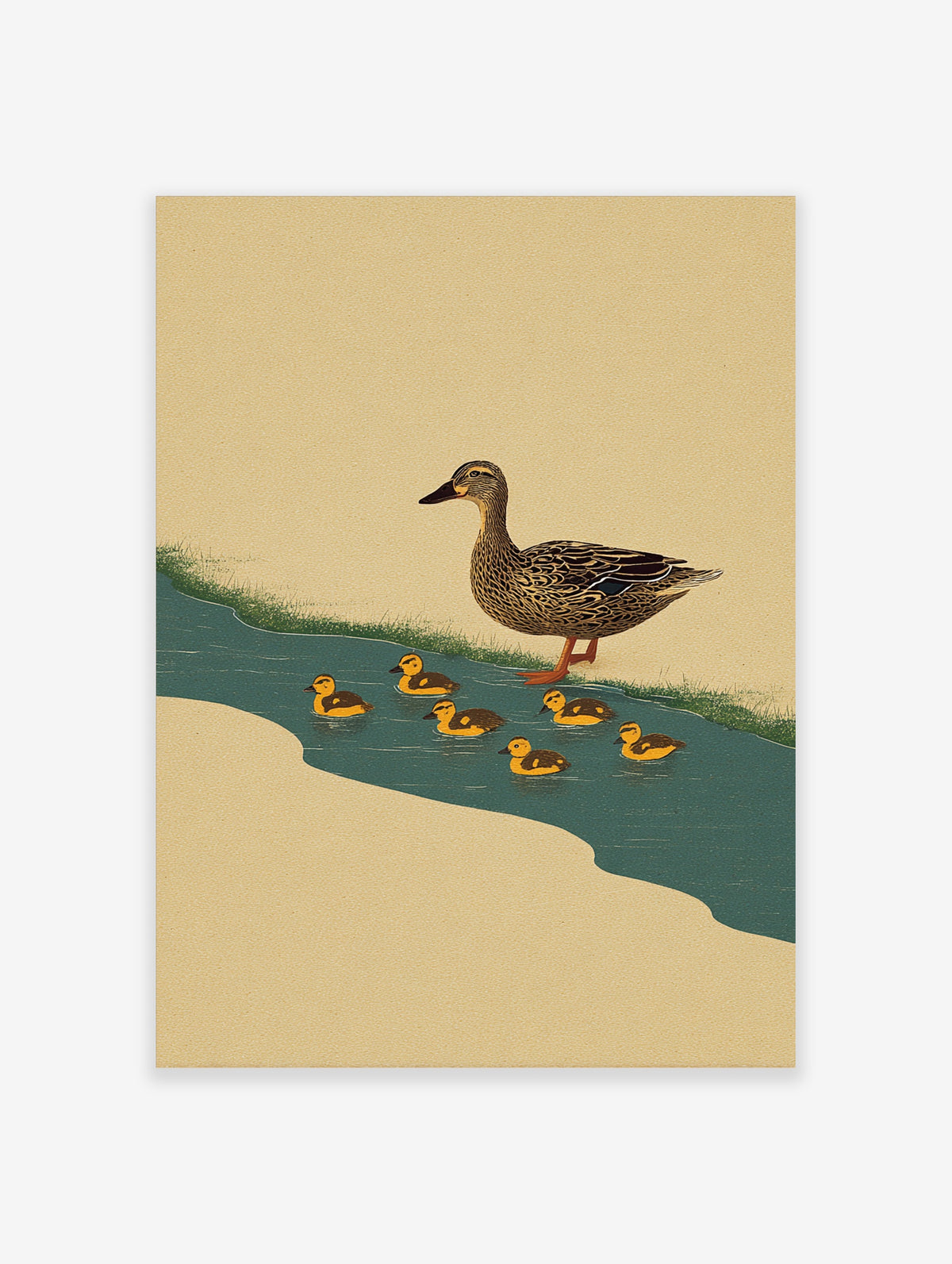 Mallard duck and six ducklings swimming in teal water beside a grassy bank, animal wall art print