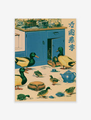 Vintage style illustration of mallard ducks in a blue kitchen with tea set and Japanese text, paper wall art print