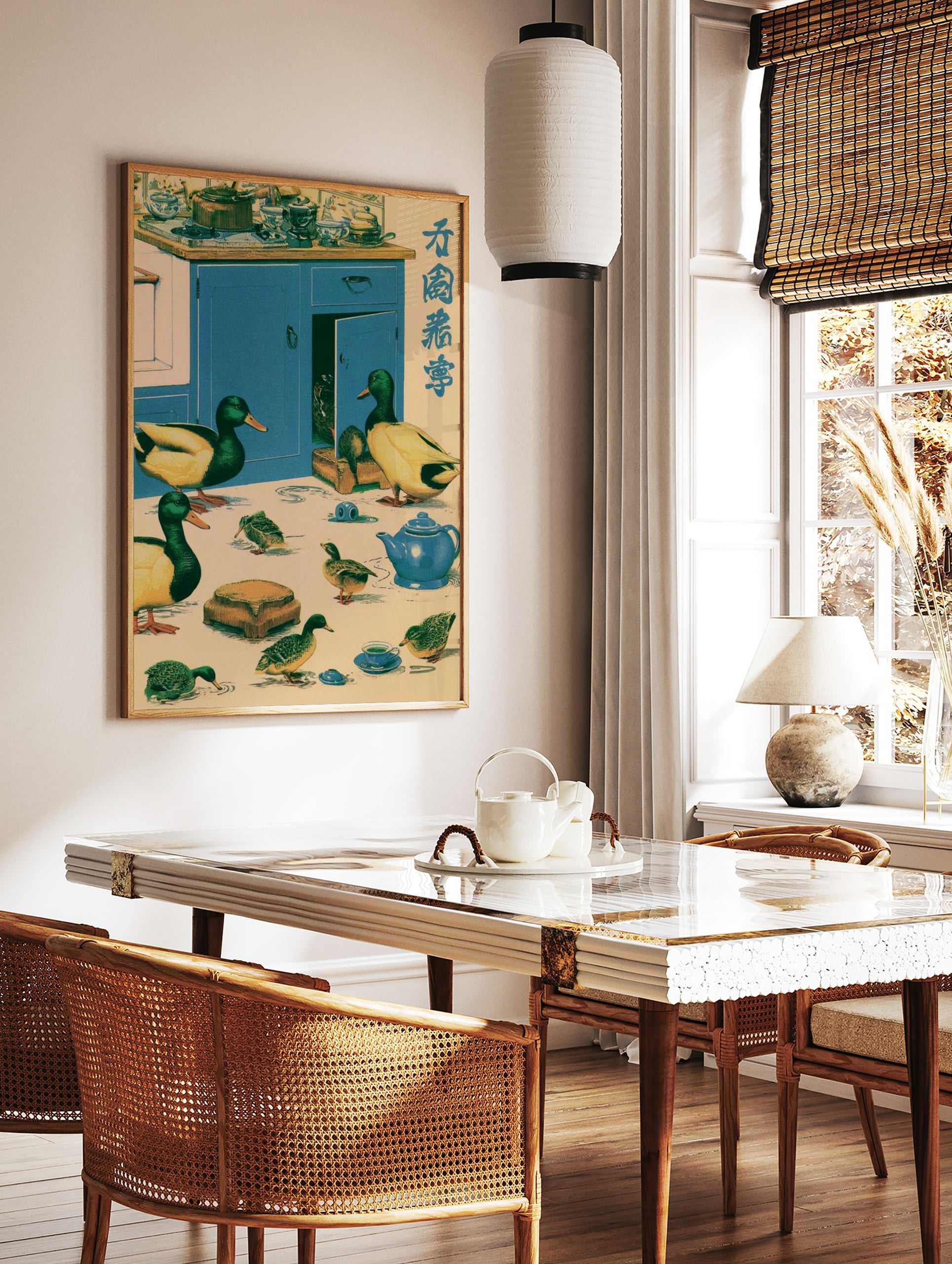 Vintage style illustration of mallard ducks in a blue kitchen with tea set and Japanese text, paper, in a styled room mockup