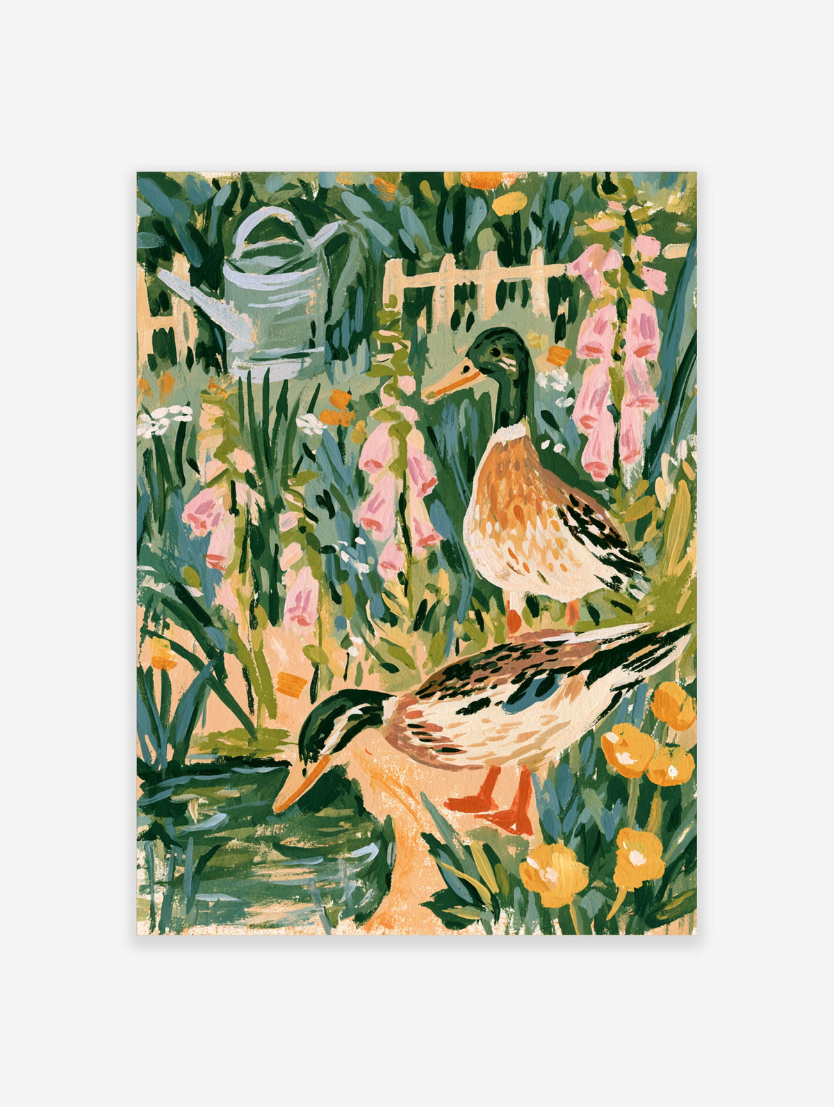 Mallard ducks by a garden pond with pink foxgloves, watering can and yellow flowers