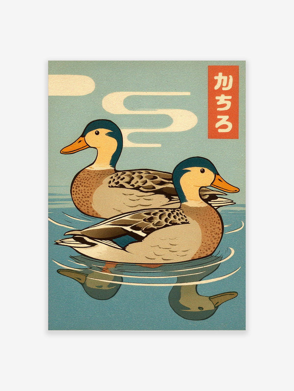 Two mallard ducks floating on blue water with cream clouds and Japanese text in a red cartouche