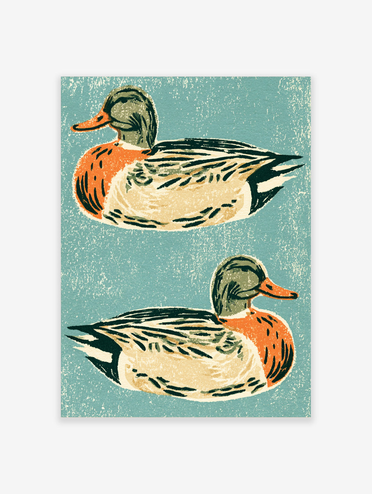 Vintage-style mallard duck art print with two drakes on a textured teal background
