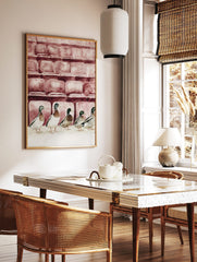 Watercolour illustration of five mallard ducks in a row in front of reddish-brown theatre seats, in a styled room mockup