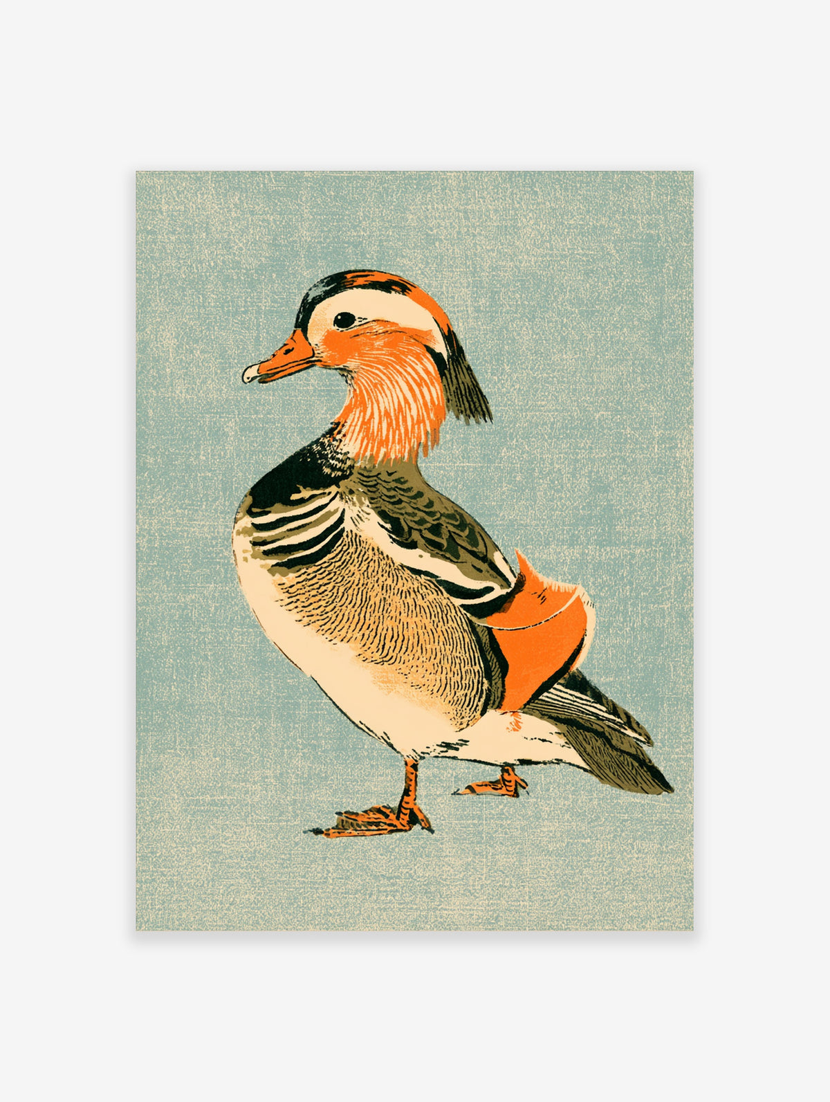 Mandarin duck illustration art print with orange and cream plumage on a textured blue background
