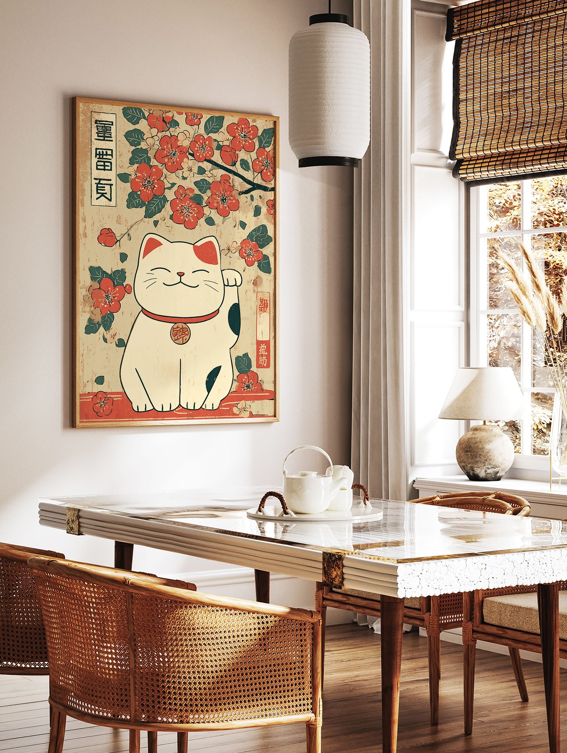 Maneki-neko Lucky Cat poster with traditional Japanese illustration of a white cat and red cherry blossoms. - Image 2