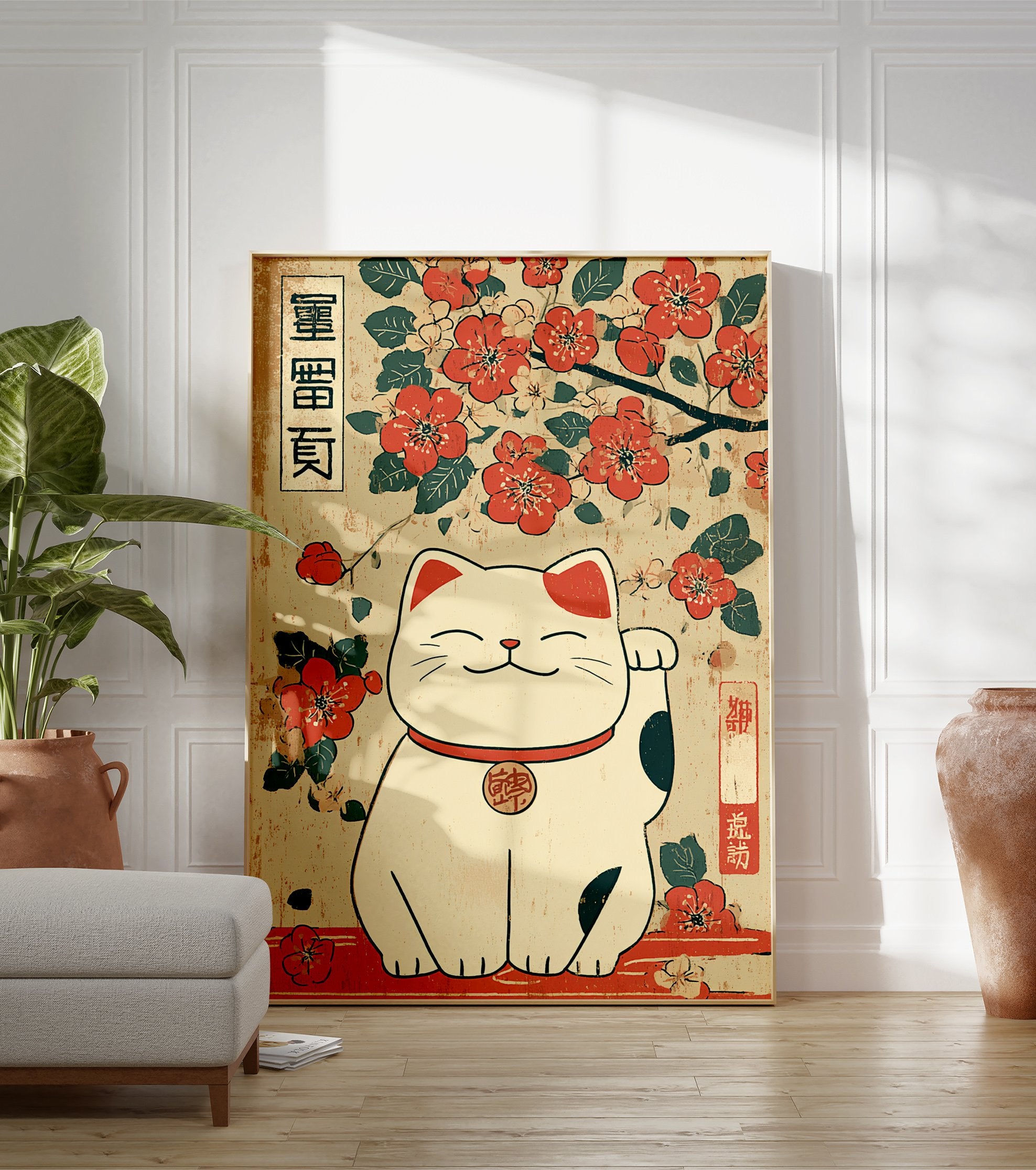 Maneki-neko Lucky Cat poster with traditional Japanese illustration of a white cat and red cherry blossoms. - Image 3
