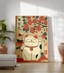 Maneki-neko Lucky Cat poster with traditional Japanese illustration of a white cat and red cherry blossoms. - Image 3
