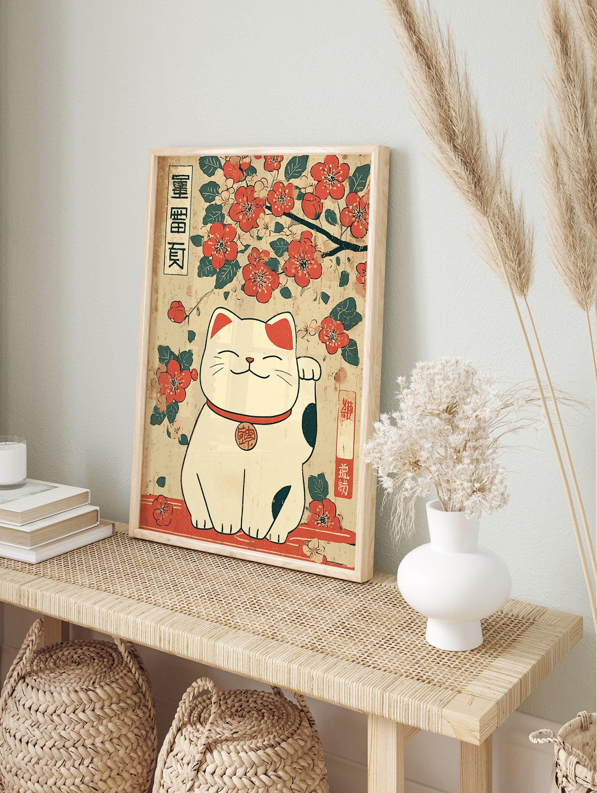 Maneki-neko Lucky Cat poster with traditional Japanese illustration of a white cat and red cherry blossoms. - Image 4