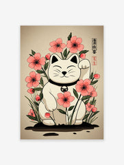Japanese Maneki-neko lucky cat poster with pink flowers and green leaves on a beige background.