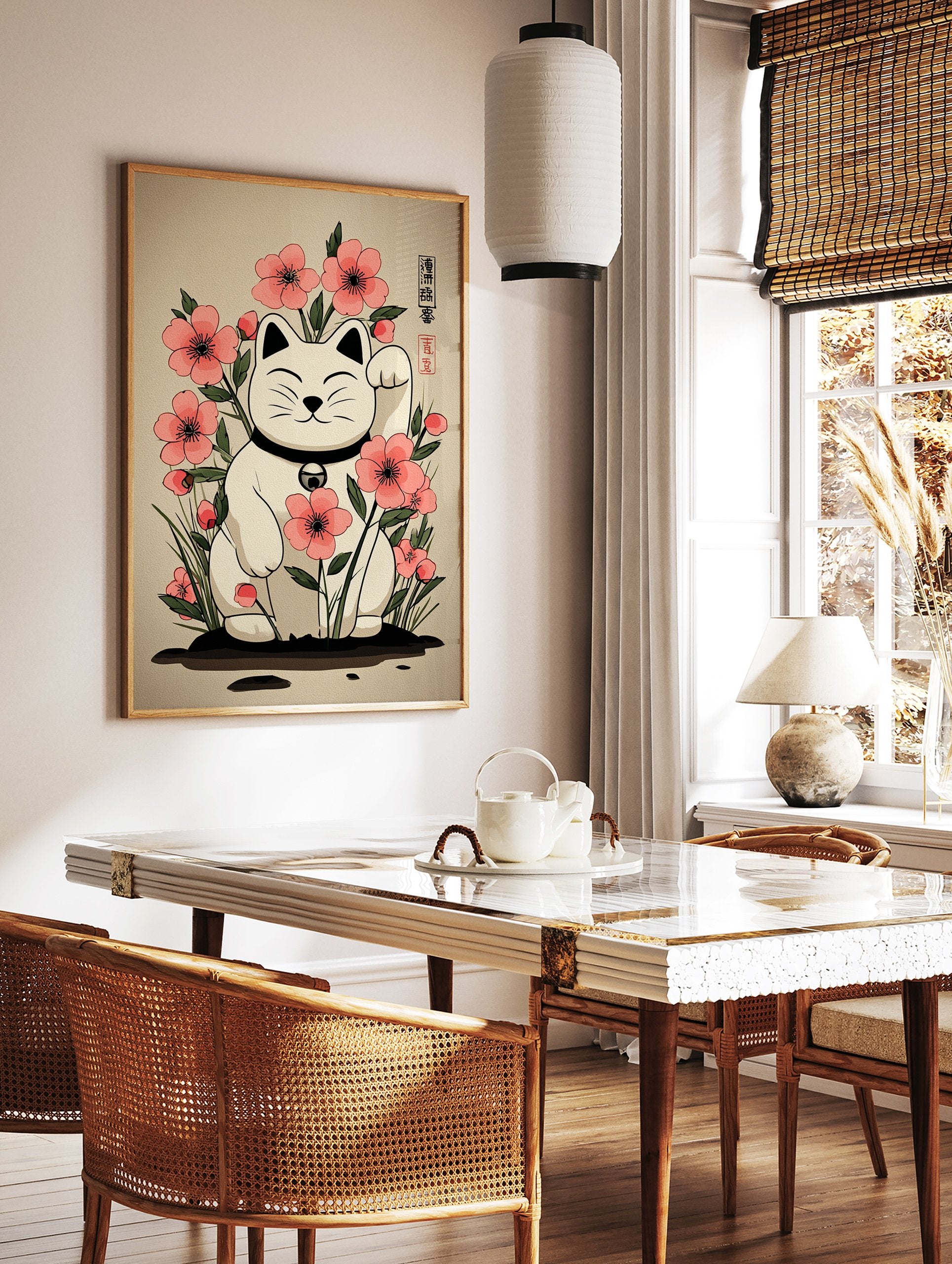 Japanese Maneki-neko lucky cat poster with pink flowers and green leaves on a beige background. - Image 2