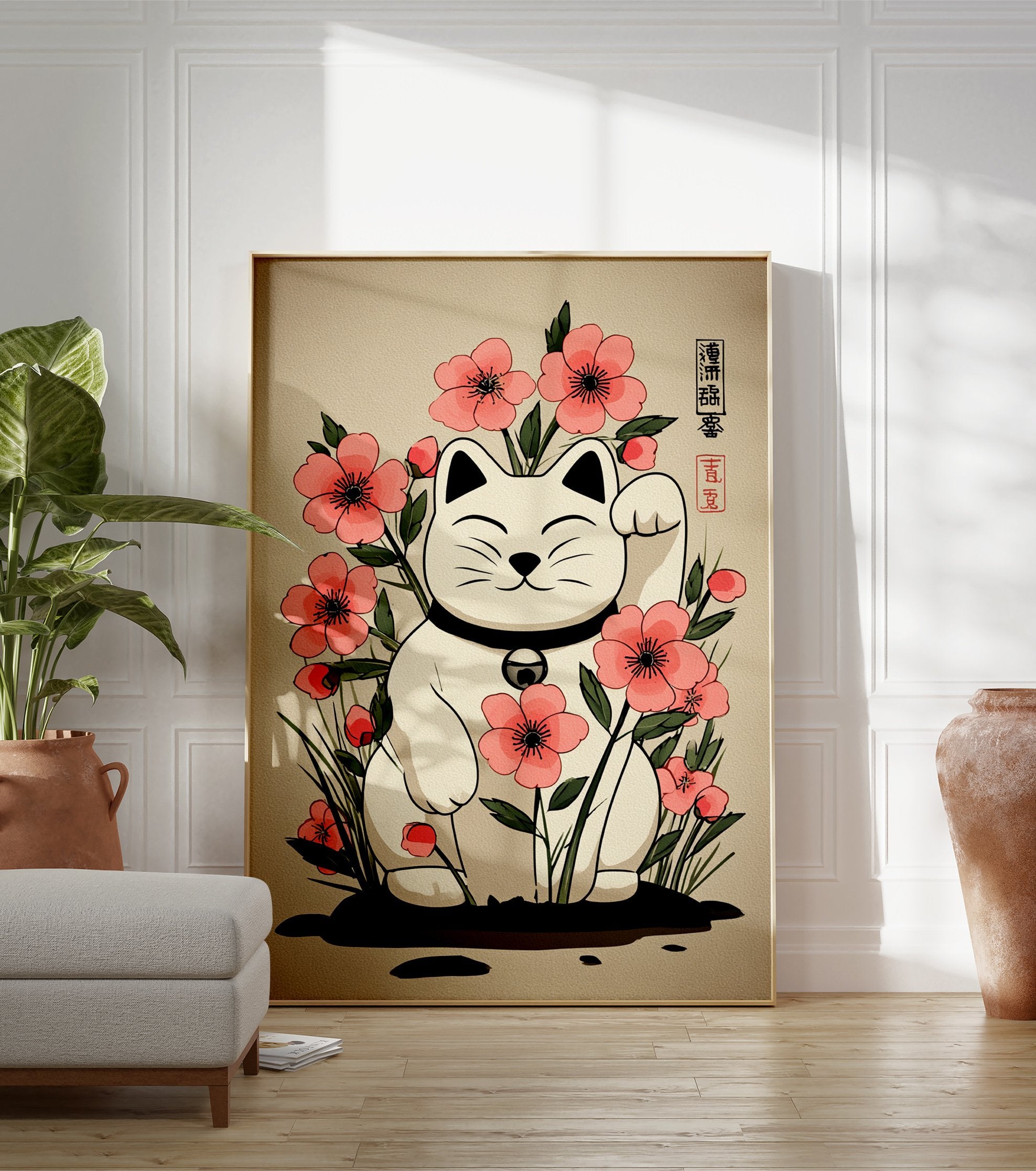 Japanese Maneki-neko lucky cat poster with pink flowers and green leaves on a beige background. - Image 3