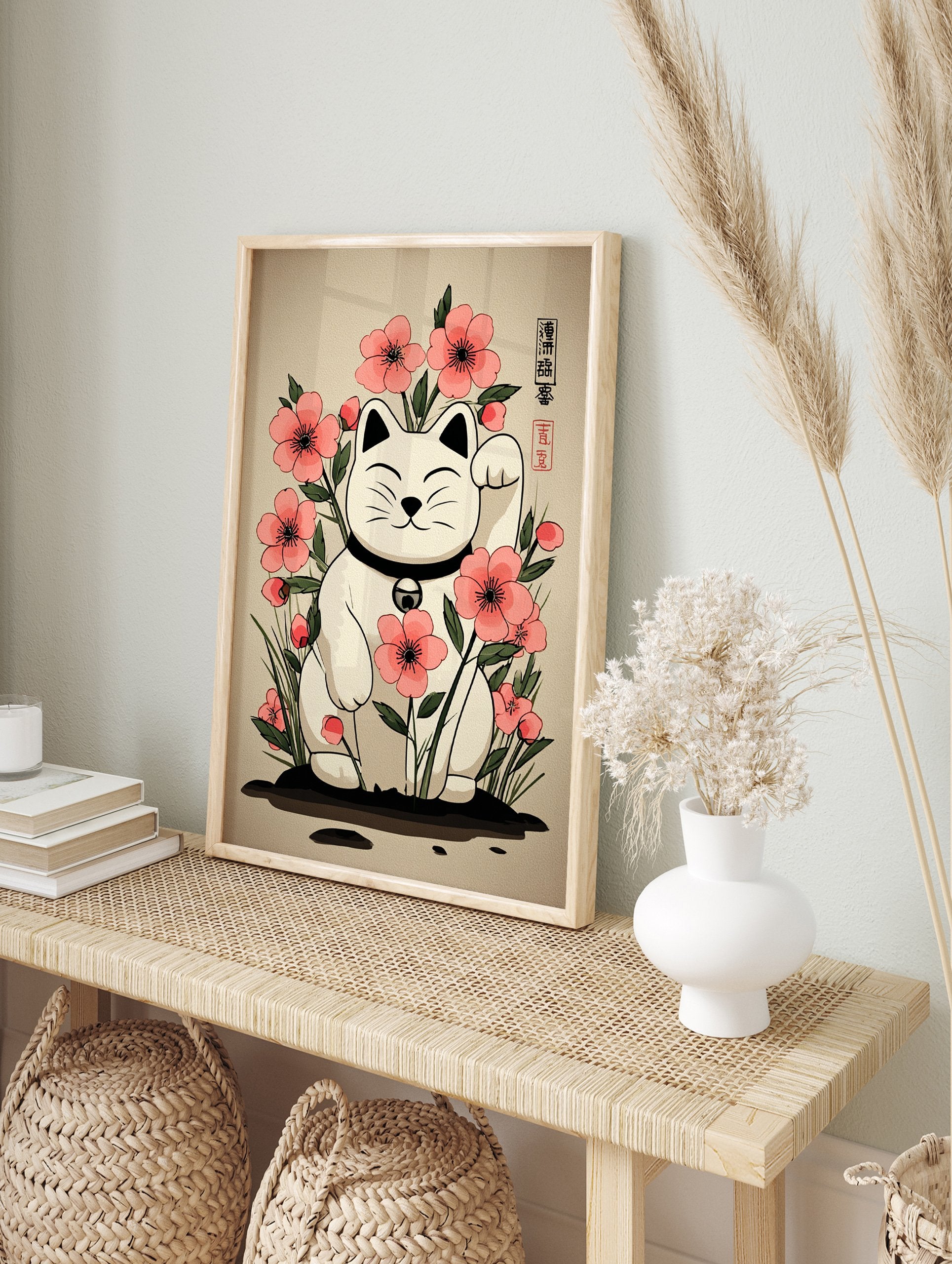 Japanese Maneki-neko lucky cat poster with pink flowers and green leaves on a beige background. - Image 4