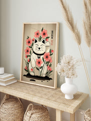 Japanese Maneki-neko lucky cat poster with pink flowers and green leaves on a beige background. - Image 4