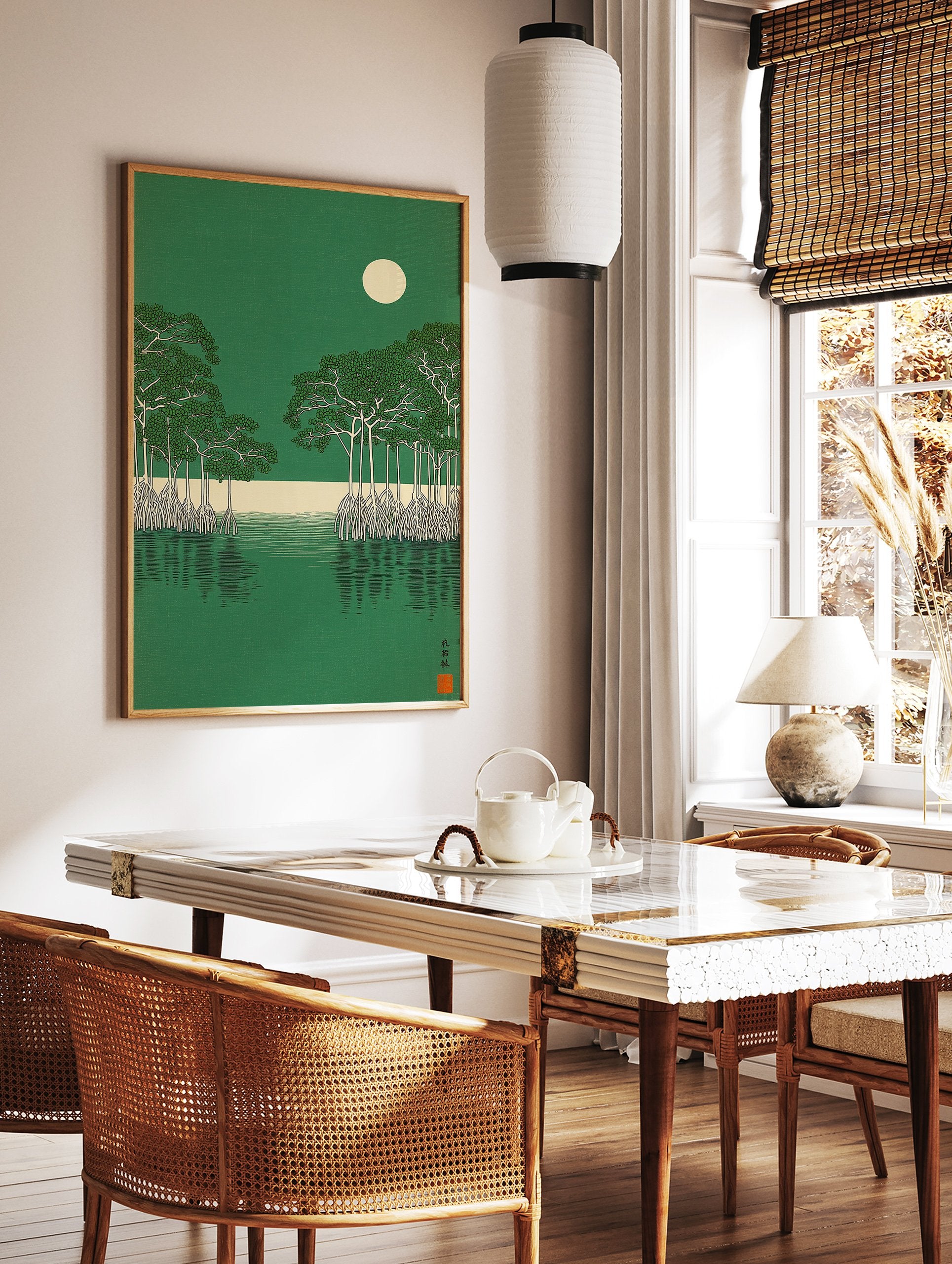 Japanese style mangrove forest art print with green trees, white roots, calm water, and a full moon in a green sky. - Image 2