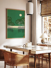 Japanese style mangrove forest art print with green trees, white roots, calm water, and a full moon in a green sky. - Image 2