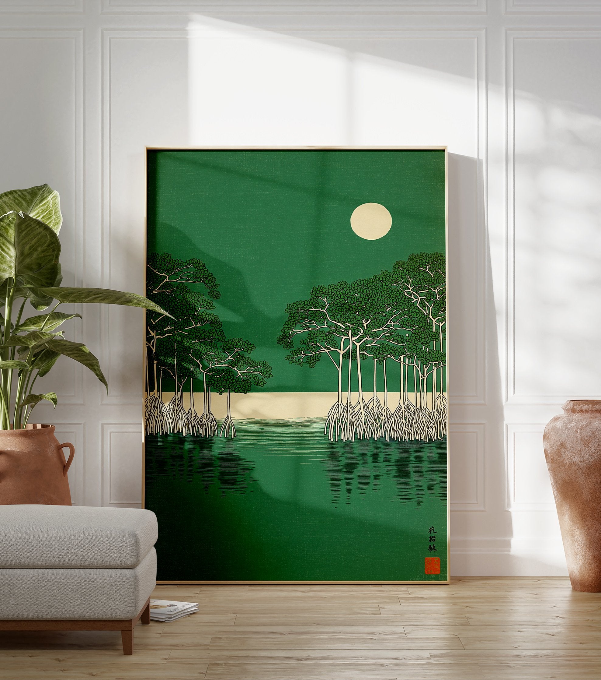 Japanese style mangrove forest art print with green trees, white roots, calm water, and a full moon in a green sky. - Image 3