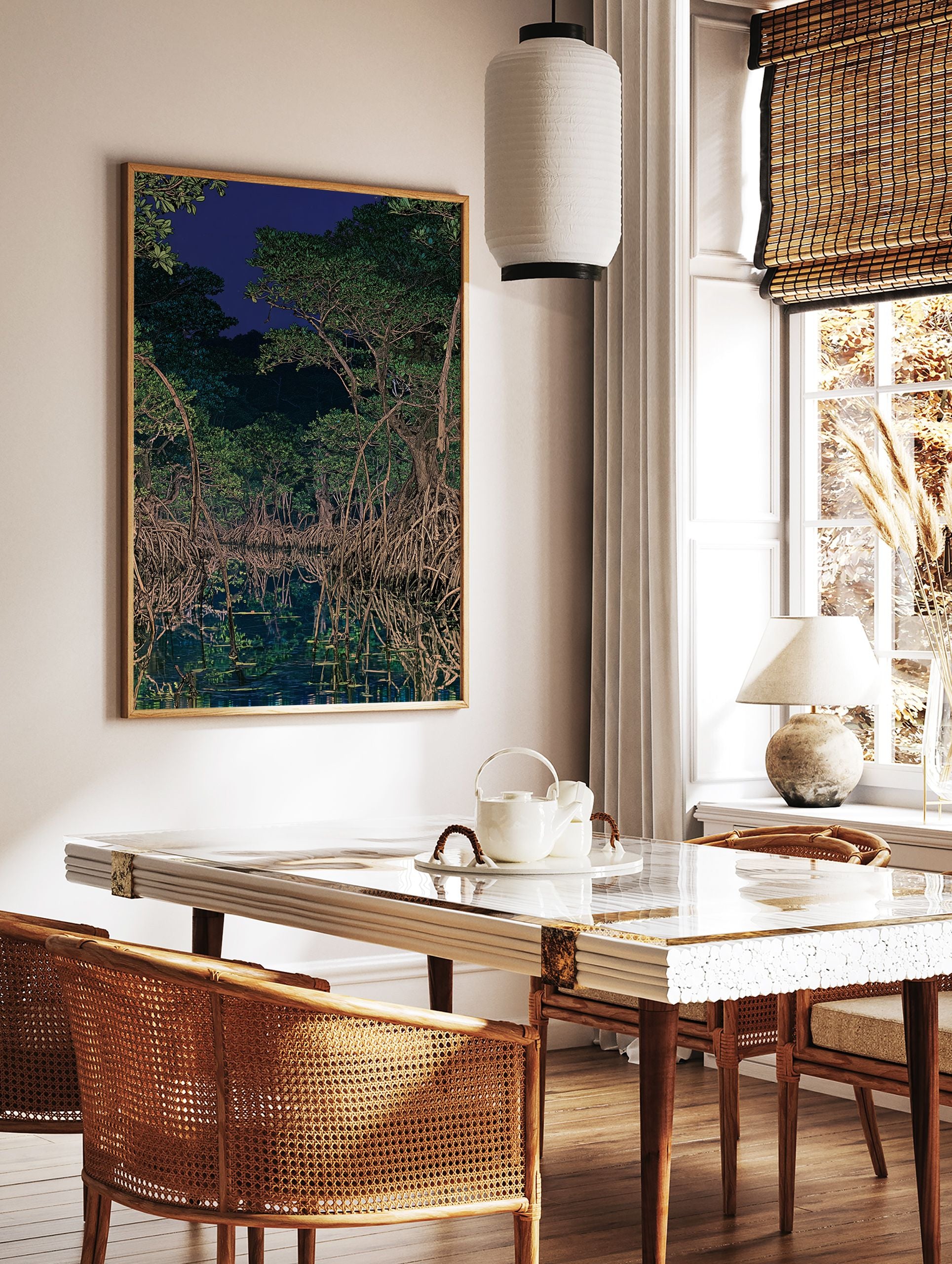 Illustration of a dark mangrove forest at night with tangled roots reflected in still water under a deep blue sky. - Image 2