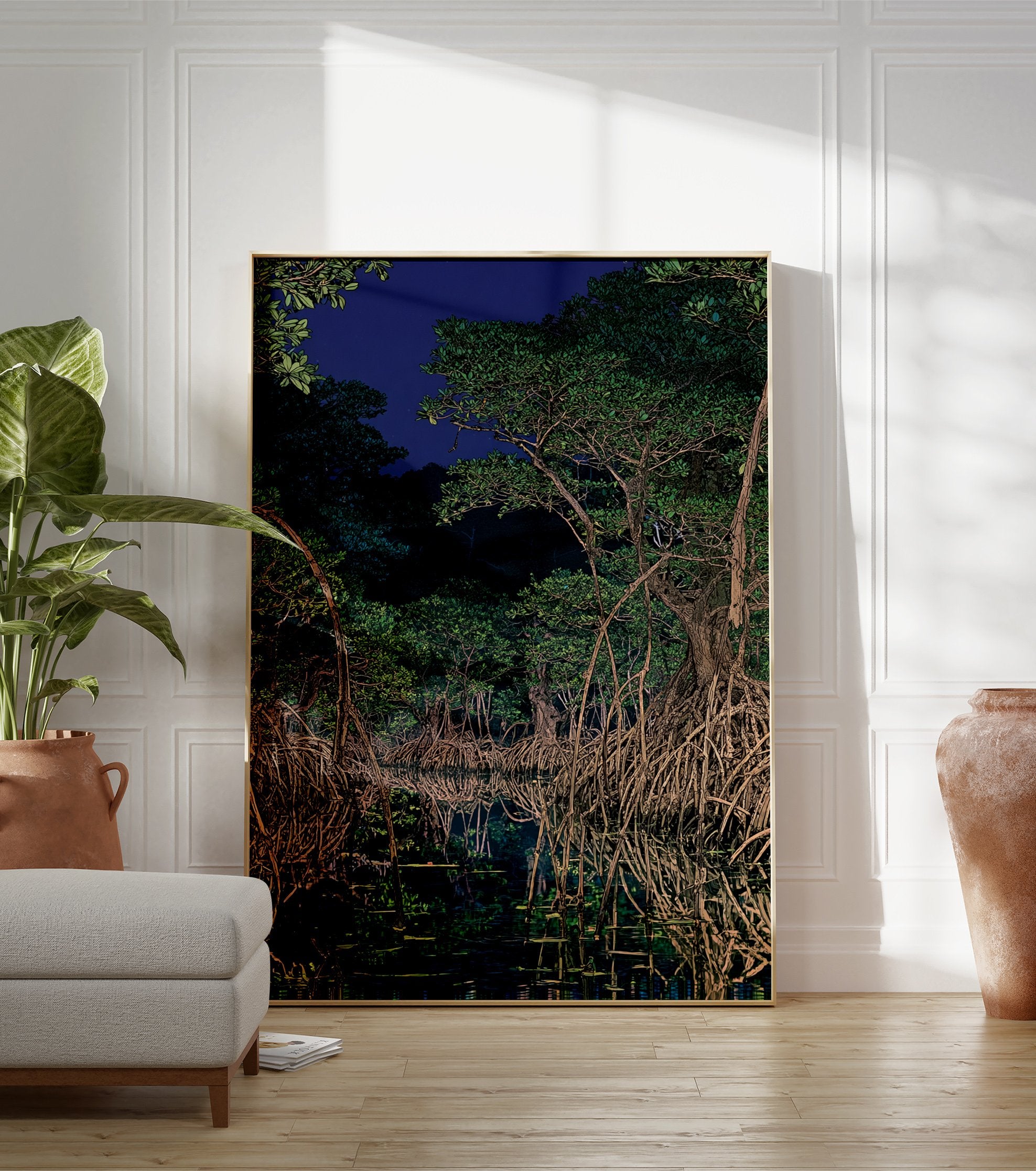 Illustration of a dark mangrove forest at night with tangled roots reflected in still water under a deep blue sky. - Image 3