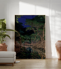 Illustration of a dark mangrove forest at night with tangled roots reflected in still water under a deep blue sky. - Image 3