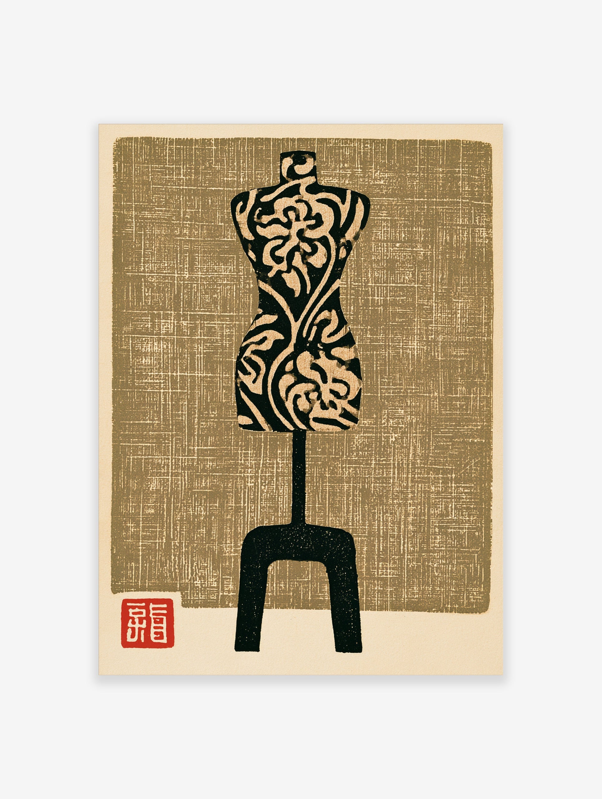 Mannequin wall art print with floral pattern and textured tan background in a woodblock style