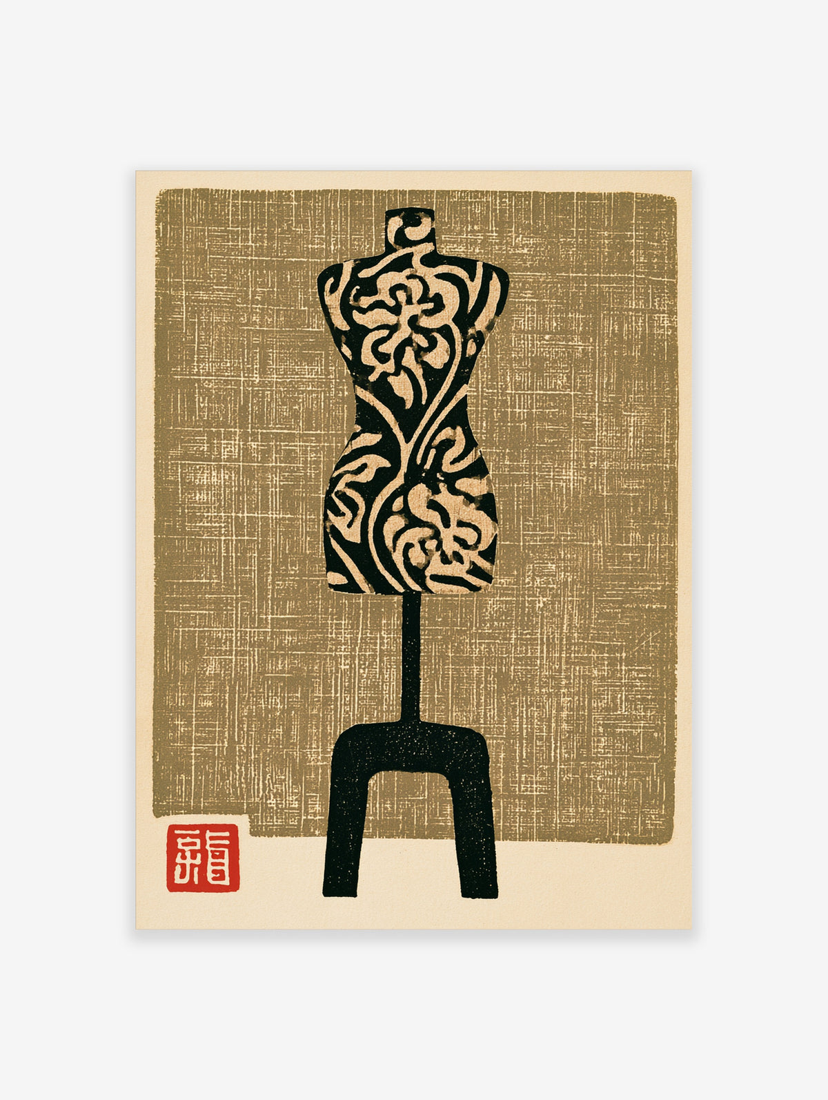 Mannequin wall art print with floral pattern and textured tan background in a woodblock style