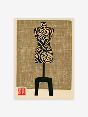Mannequin wall art print with floral pattern and textured tan background in a woodblock style