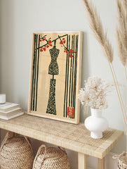 Japanese-style woodblock print of a mannequin under a red flowering branch on a neutral paper, in an alternate framed mockup