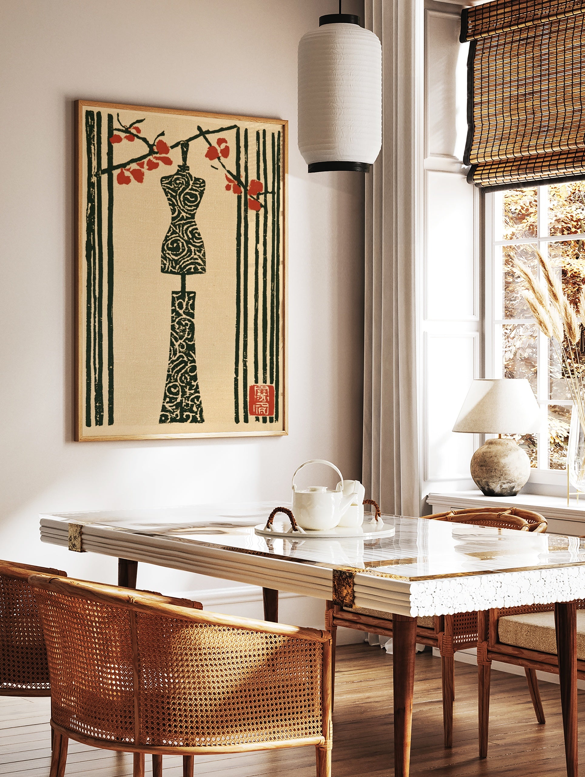 Japanese-style woodblock print of a mannequin under a red flowering branch on a neutral paper, in a styled room mockup