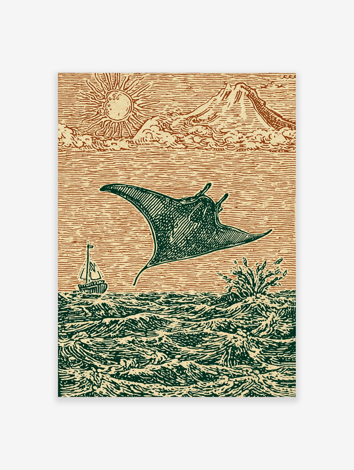 Woodcut style print of a manta ray leaping from ocean waves with a sailboat, sun, and mountains