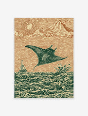 Woodcut style print of a manta ray leaping from ocean waves with a sailboat, sun, and mountains