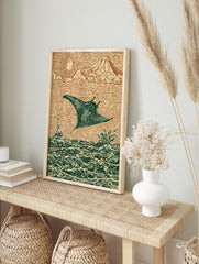 Woodcut style print of a manta ray leaping from ocean waves with a sailboat, sun, and, in an alternate framed mockup