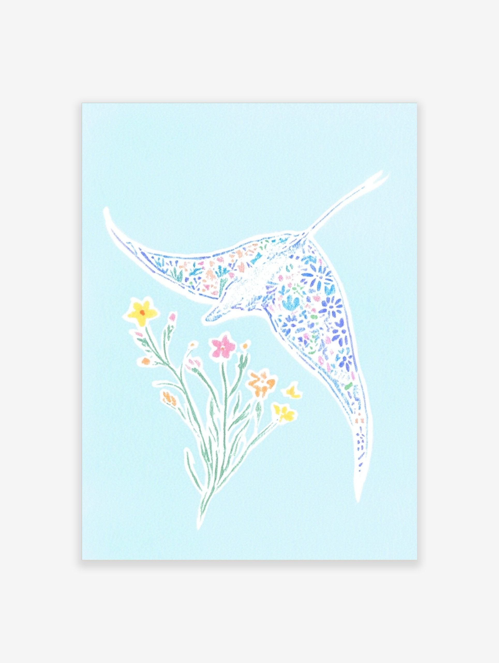 Illustrative manta ray with floral pattern and separate flower bouquet on light blue background