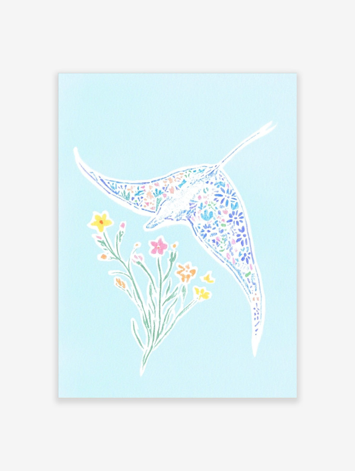 Illustrative manta ray with floral pattern and separate flower bouquet on light blue background