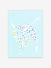 Illustrative manta ray with floral pattern and separate flower bouquet on light blue background