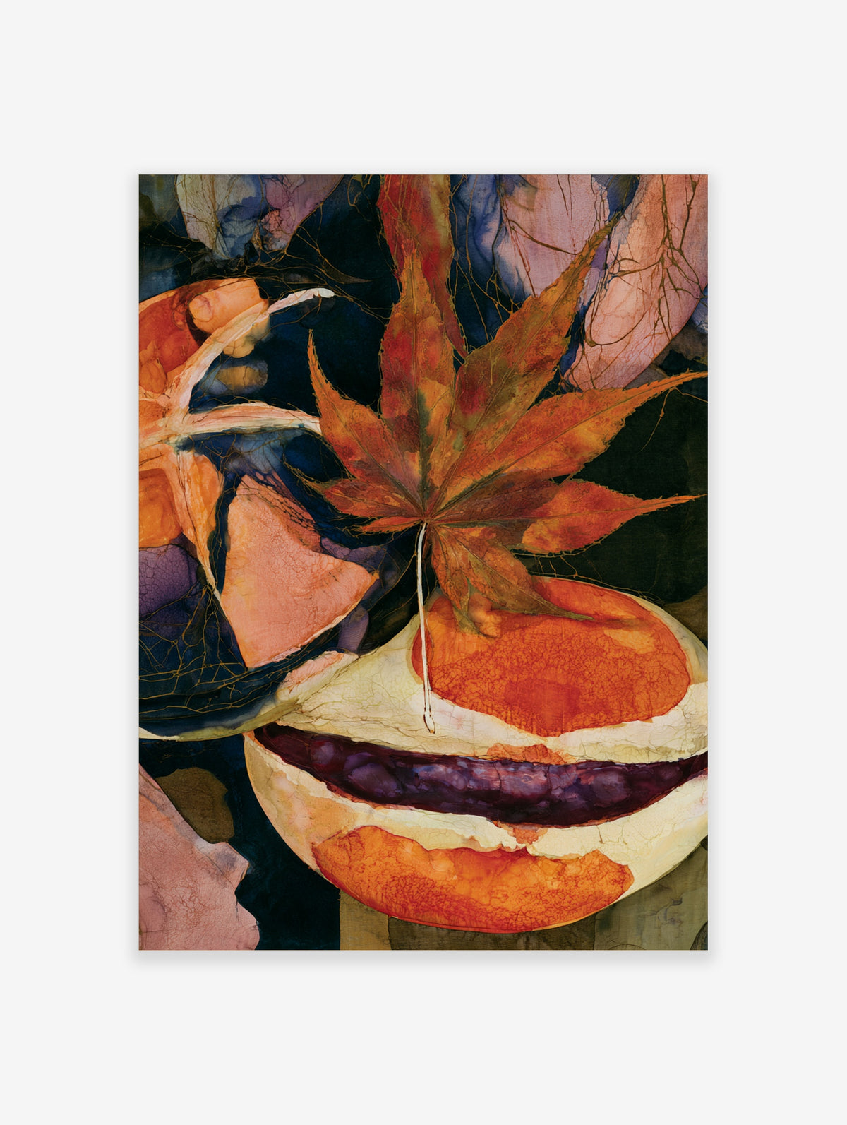 Detailed maple leaf botanical art print with abstract orange and purple shapes on a dark background